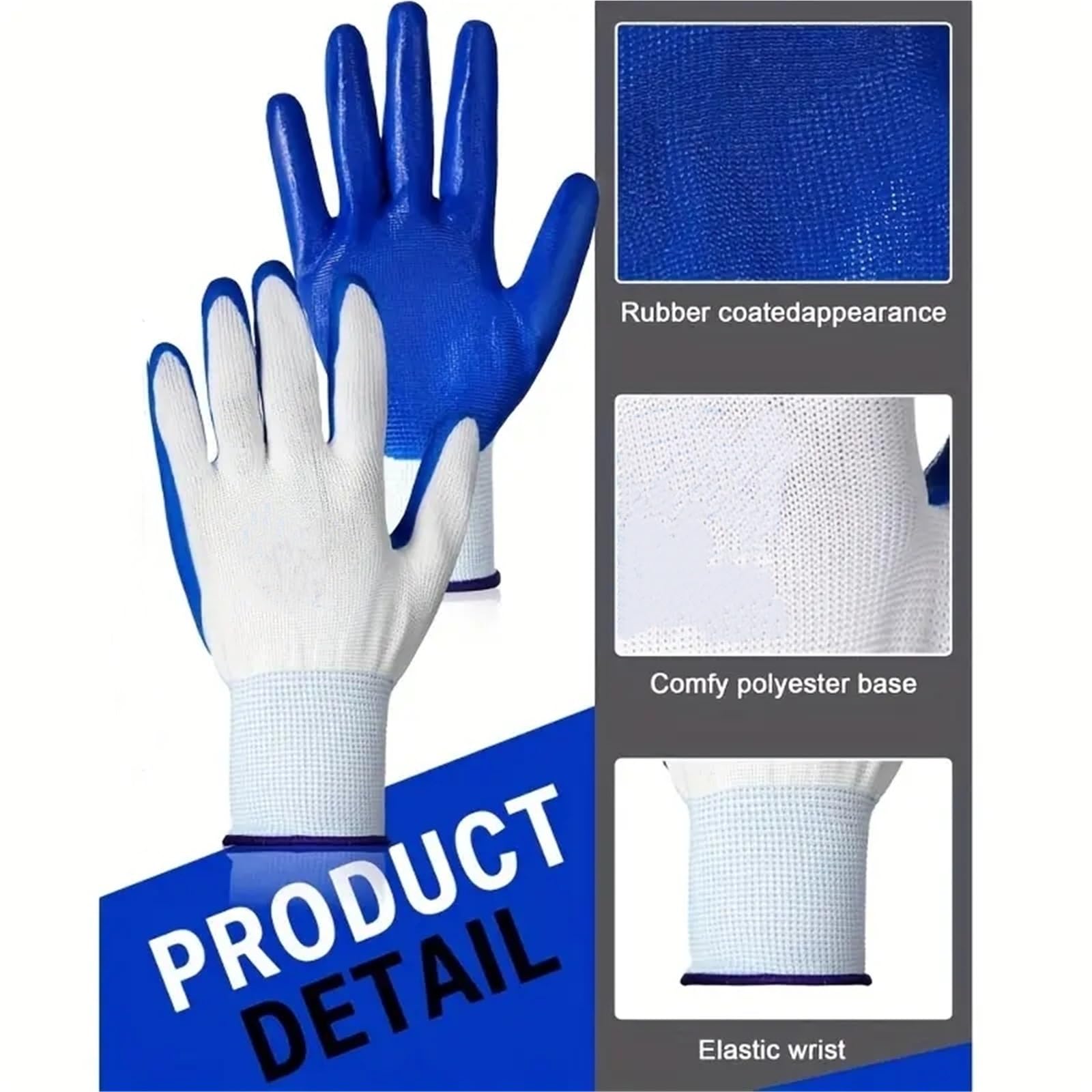 Gants De Travail Antidérapants Gants de travail enduits caoutchouc antidérapants for hommes, gants d'entrepôt industriel jardinage(Blue 6Pairs)
