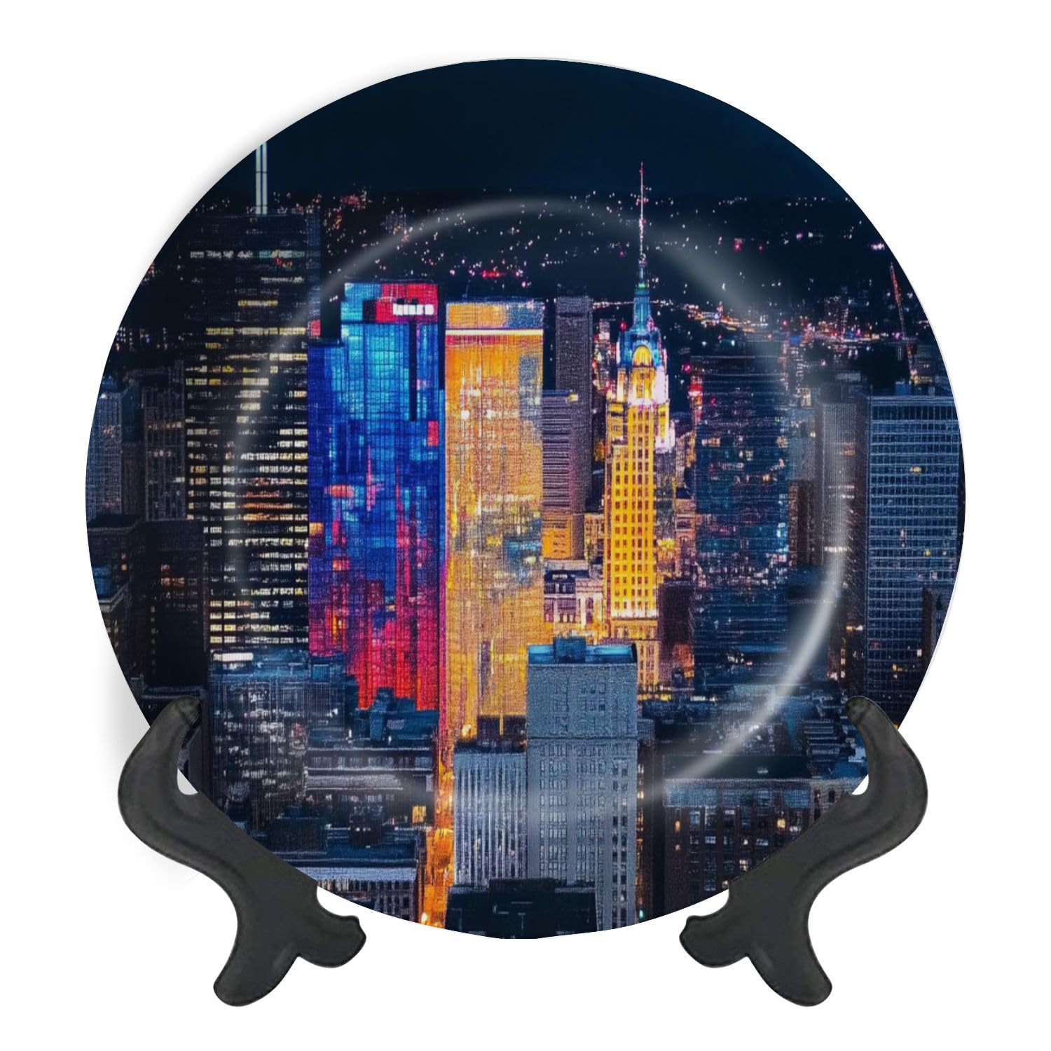 Decorative Plates for Display Downtown Pittsburgh Pennsylvania Night Aerial Shot Gift Plates Ceramic Collections Plates Hanging Artwork for Living Dining Room Kitchen Souvenir
