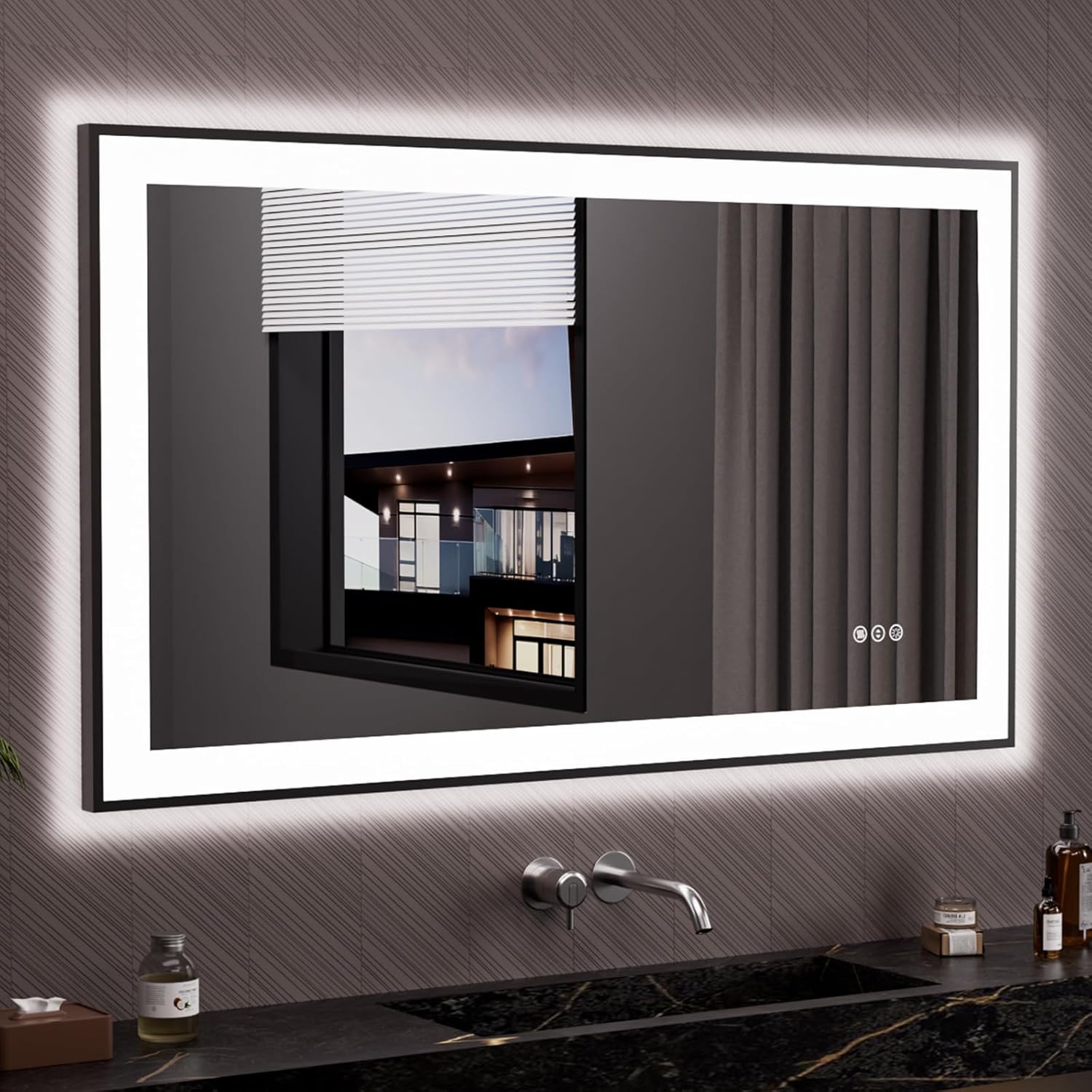 LOAAO 48"X28" LED Bathroom Mirror Black Framed, Anti-Fog, Dimmable, Lighted Bathroom Vanity Mirror for Wall, Memory Function, Tempered Glass Led Bathroom Mirror Black Framed(3 Light Modes) 48"L x 28"W