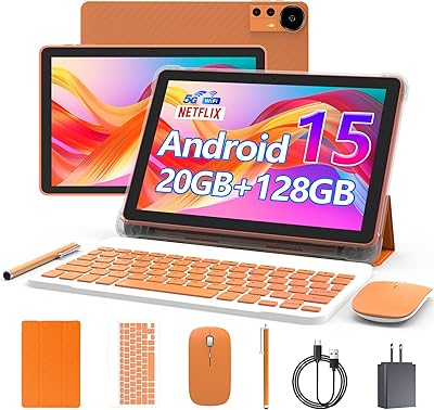 Android 15 Tablet 10 Inch, 20GB RAM128GB ROM2TB Expandable, 2.0GHz Quad-core Processor, 1280800 HD Screen, 5G WiFi6 BT5.0, 2 in 1 Tablets with Keyboard Case Mouse Stylus, Widevine L1 Orange