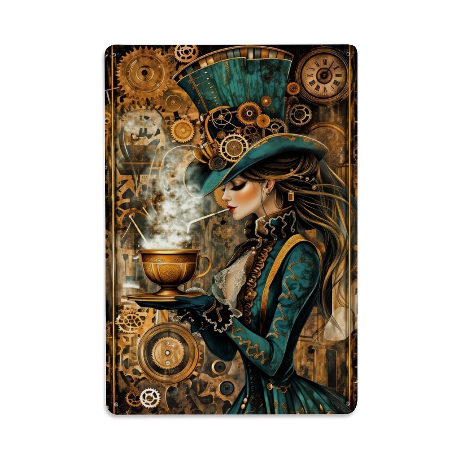 Enderetf Vintage Steampunk Gears Clockwork Hat Tea Tin Sign Metal Poster, Home Bar Garage Man Cave Cafe Indoor & Outdoor Wall Decoration 8X12inches
