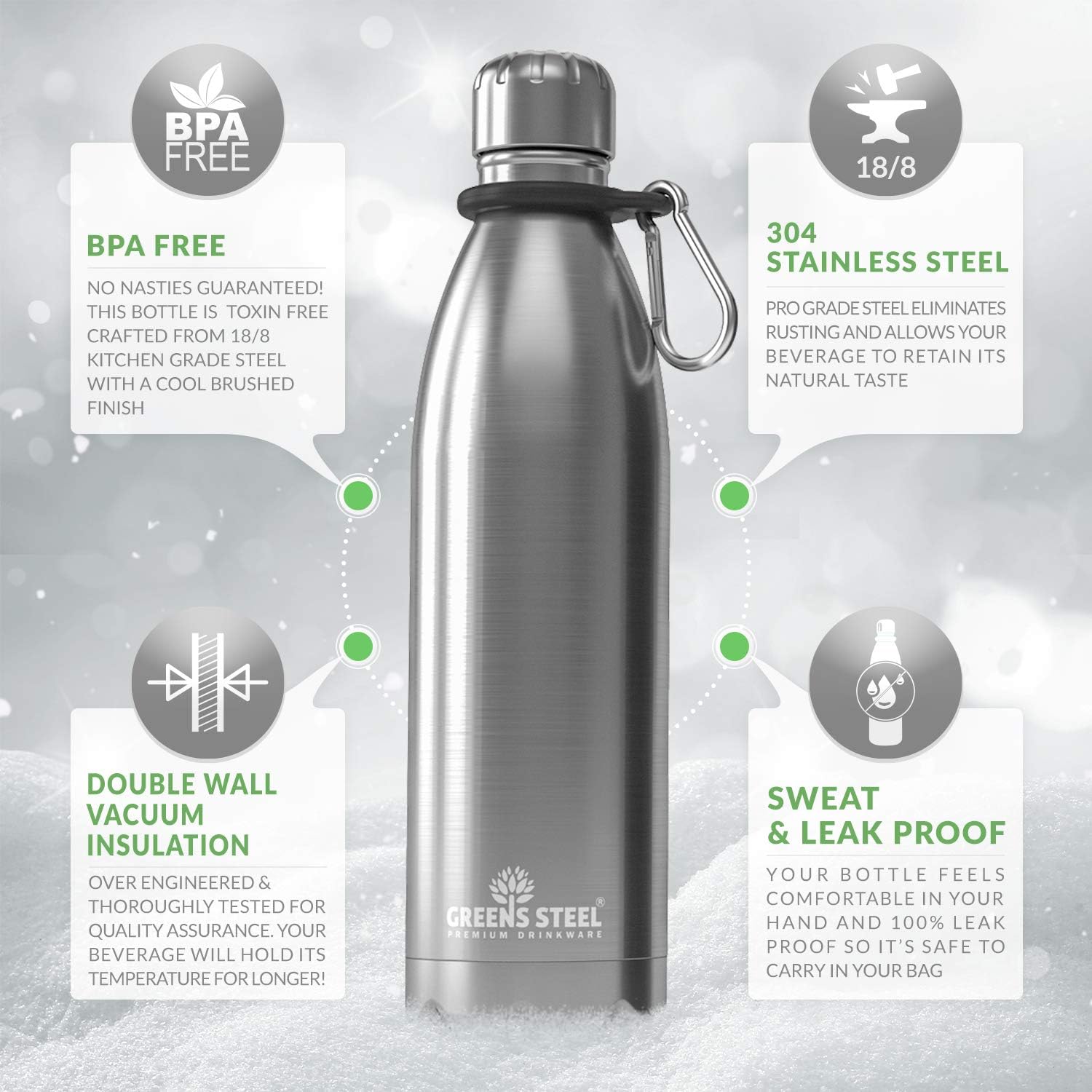 Greens Steel Stainless Steel Water Bottle - 25 oz, Steel | Vacuum Insulated Double Wall with Screw Lid/Leak Proof | Thermal Travel Sports Canteen Coffee Flask - Image 8
