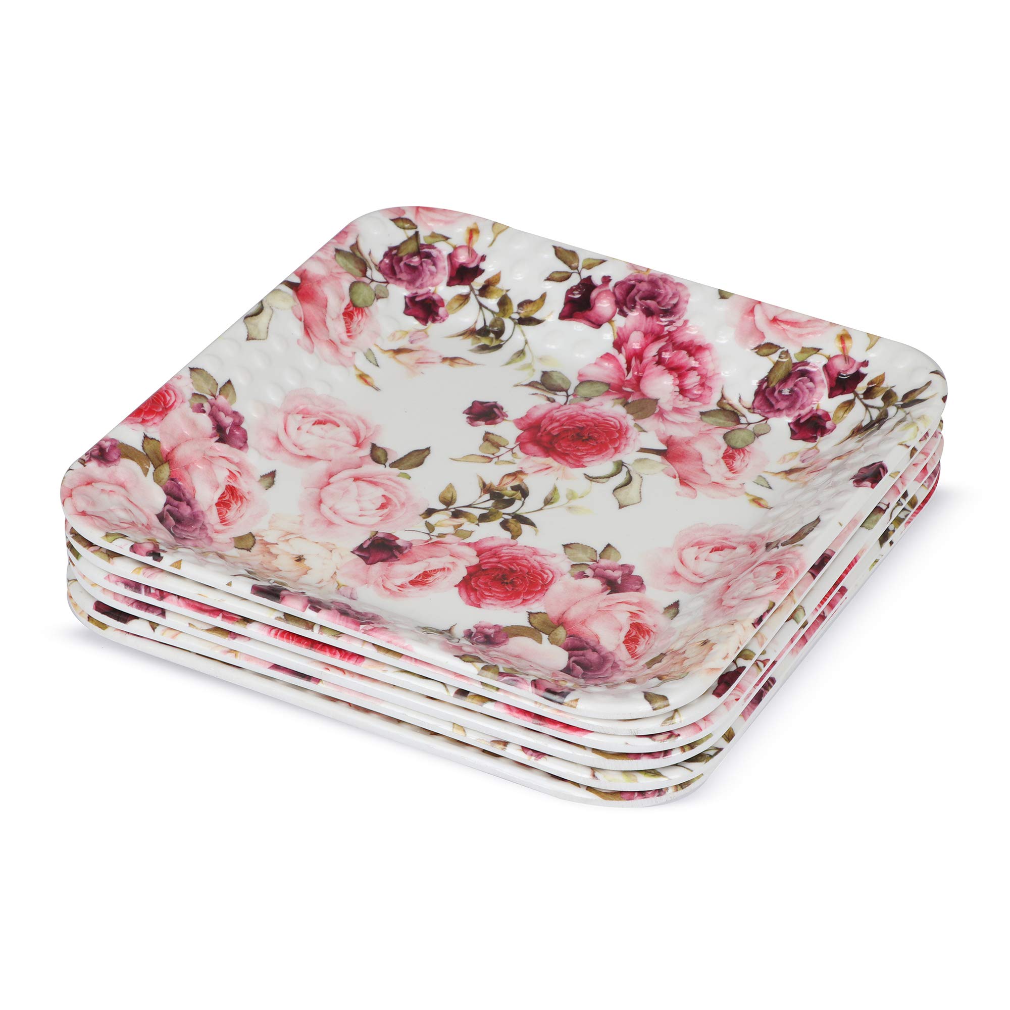 Golden Fish Rose Printed Melamine Square Snacks/Starters Quarter Dinner Plates (Set of 6; 8 Inch)