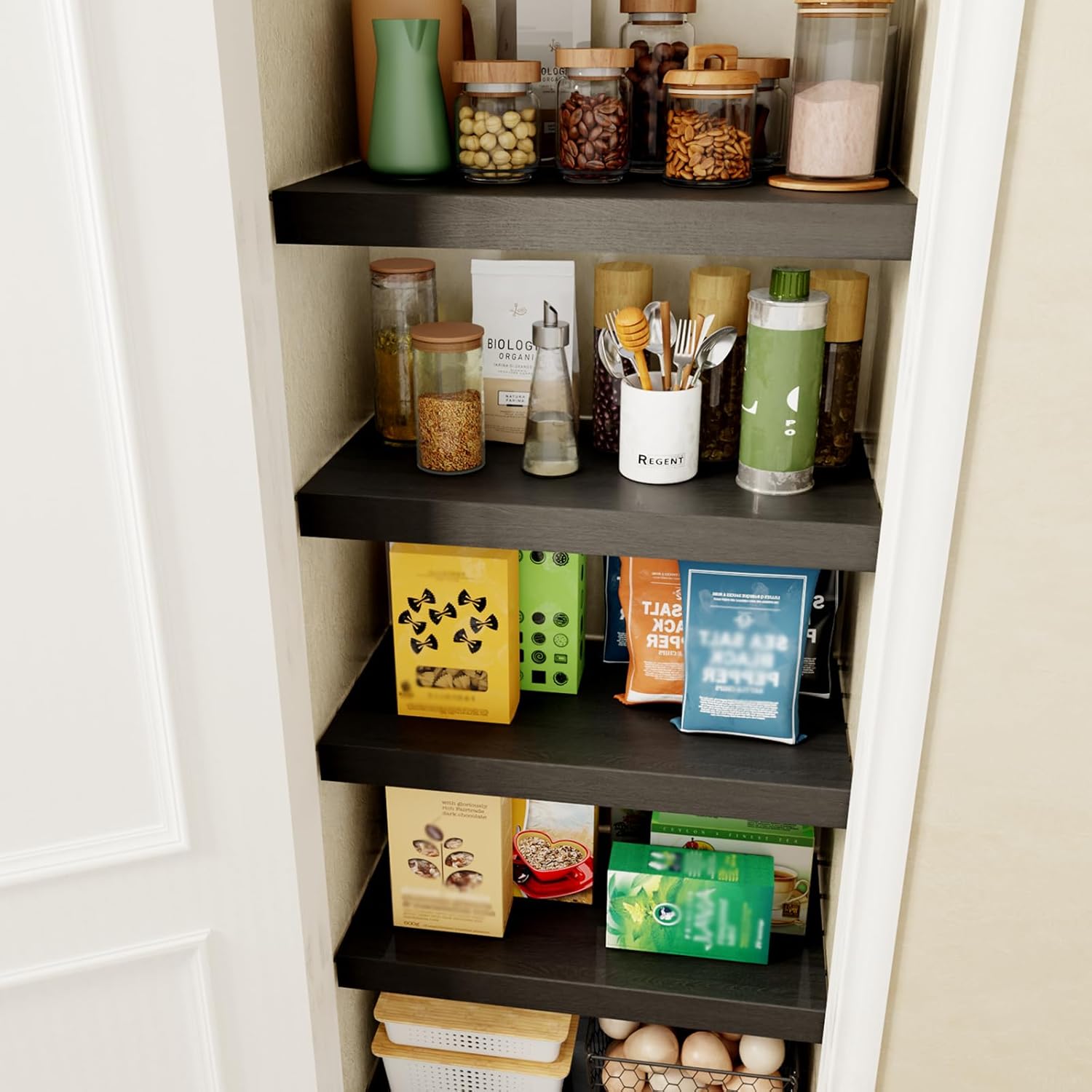 4 PCS Wire Rack Covers for Pantry Wood Grain, 24''W * 16''D(Ready to Use) Faux Wood Shelf Covers for Wire Shelving, Rustic Closet Shelves Covering Toppers, for Pantry, Bathroom, Kitchen,(Dark) Black Wood 16''D * 24''W