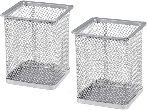 Miniatura 5 de 2 soportes para bolígrafos de malla metálica azul, organizador cuadrado para escritorio, brochas de maquillaje y almacenamiento de cosméticos, 3.93