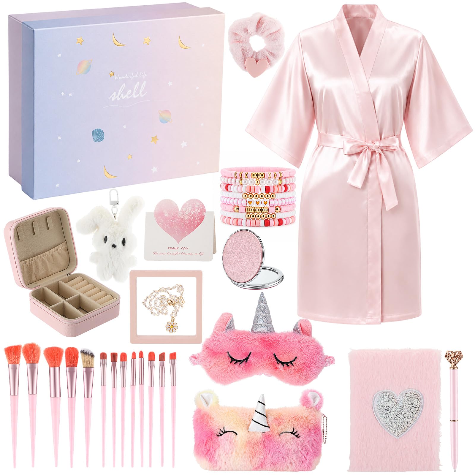 Eurzom Set di 16 pezzi rosa per ragazze adolescenti, alla moda, regalo di compleanno per ragazze adolescenti di età 12-16 anni, trousse pelose per il trucco, taccuino, bracciali, set con scatola