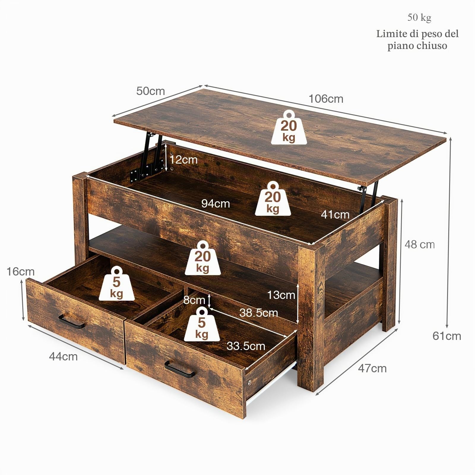 LIFEZEAL Tavolino da Salotto Sollevabile, Moderno, Robusto, Tavolino Basso a 3 Ripiani con Piano Elevabile, 2 Cassetti, Contenitore Nascosto, Tavolino da Caffè in Legno, per Soggiorno, Marrone