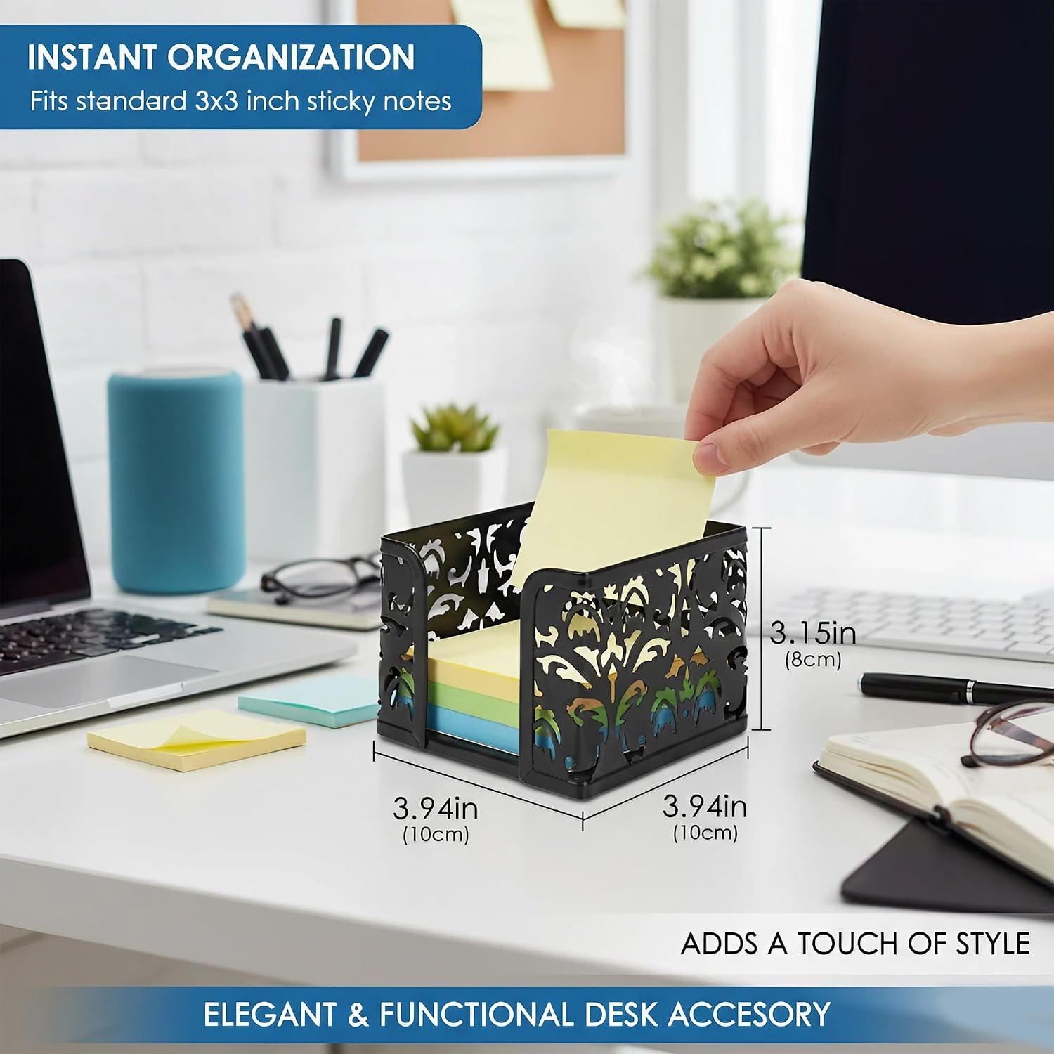 Metal Note Cube Holder - Flowering Carving Design, Stationery Paper Desk Organizer & Note Box for 3x3 Inch Memo Pads (Black)