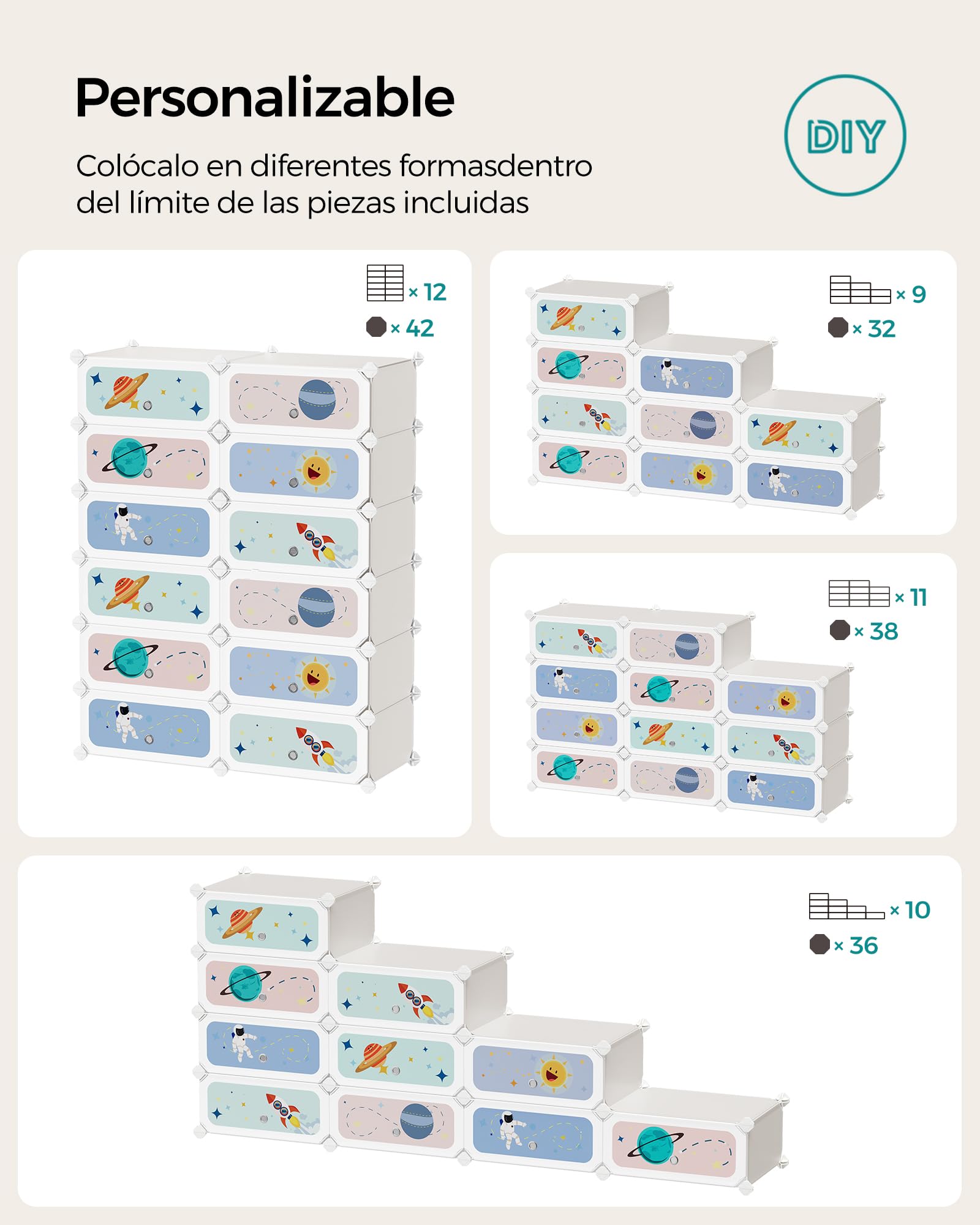 SONGMICS Estantería Modular Infantil 12 Cubos, Zapatero Plástico con Puertas, 31x81x106 cm, Blanco Nube