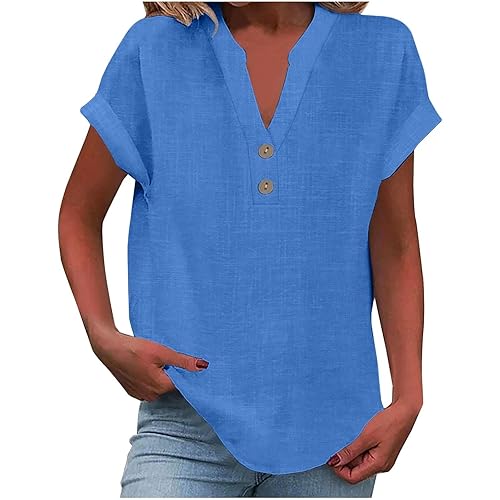 Summer Tops for Women 2025 Trendy Short Sleeve Cotton Linen Shirt Casual Button v Neck Tunic Blouses Outfits