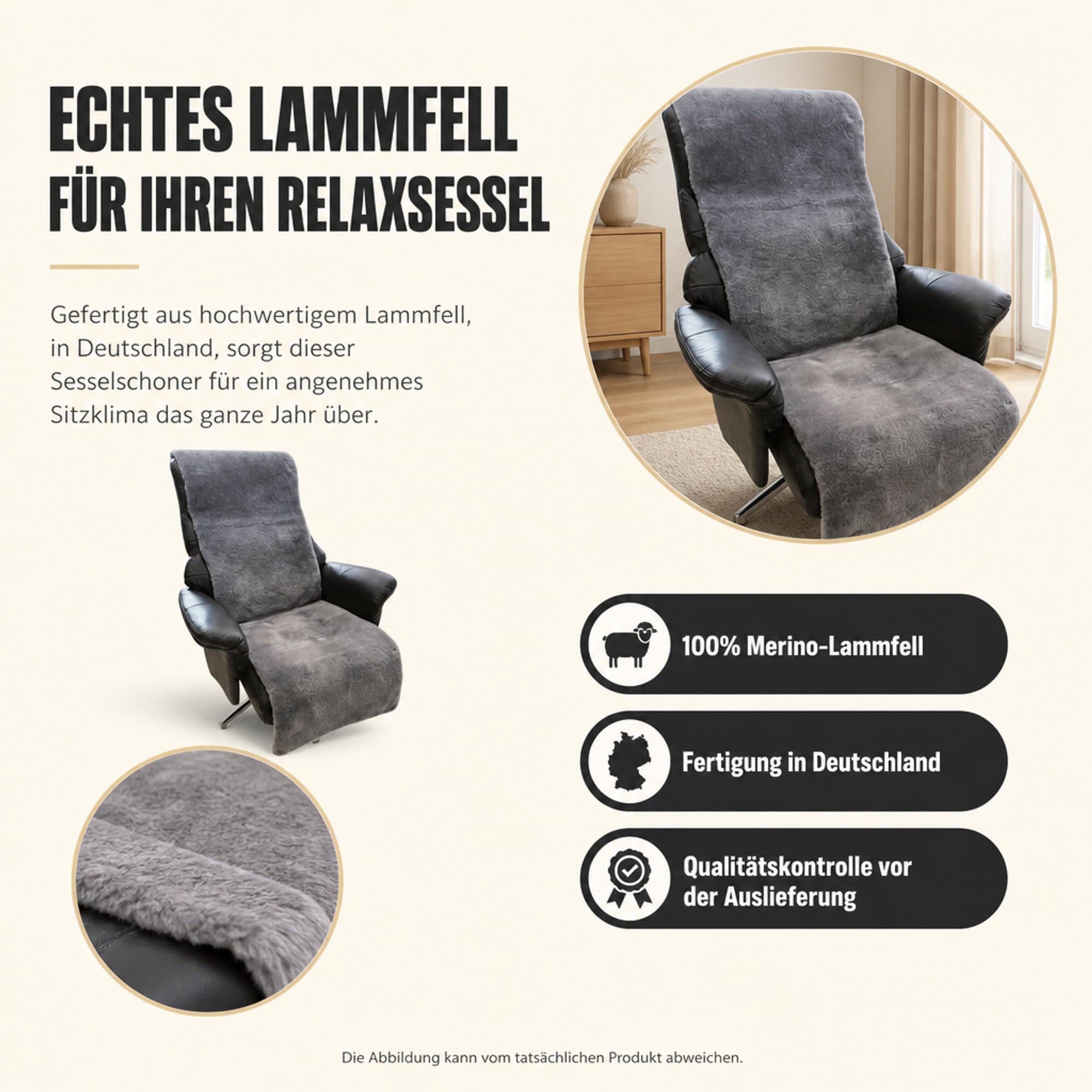 Sesselschoner für Relaxsessel universell komplett aus Lammfell 50 cm Breite (Anthrazit)