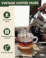 Vista 3 de Vintage Glass Coffee Mugs Set of 4, Overnight Oats Containers with Bamboo Lids and Spoons - 14oz Clear Tea Cups for Cappuccino Latte Americano