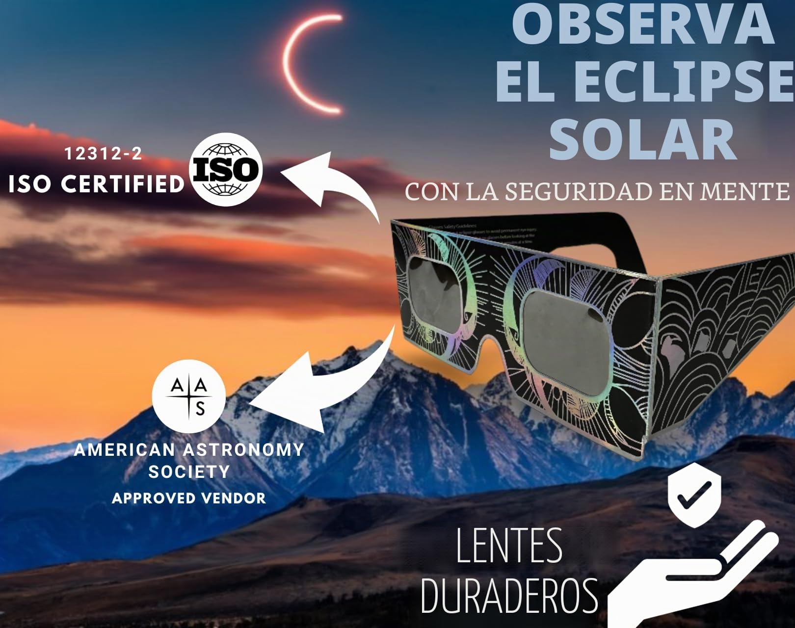 Gafas Eclipse Solar Homologadas ISO 12312-2 | Brillan en la Oscuridad Glow-in-the-Dark | Plástico Reutilizable | CE EPI Categoría II | Eclipse Total España 12 Agosto 2026