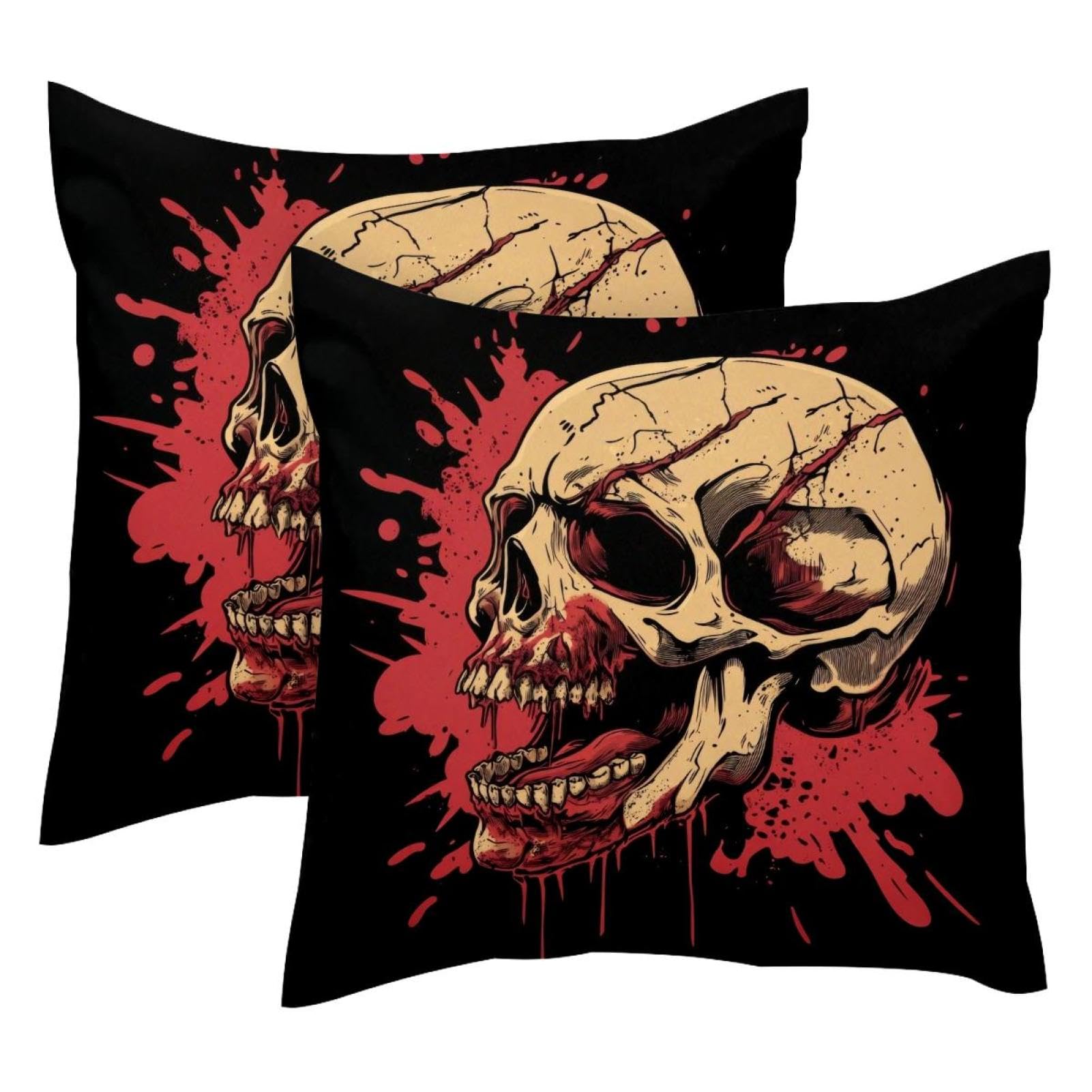 Housse de coussin velours rouge tête de mort 50x50 cm lot de 2