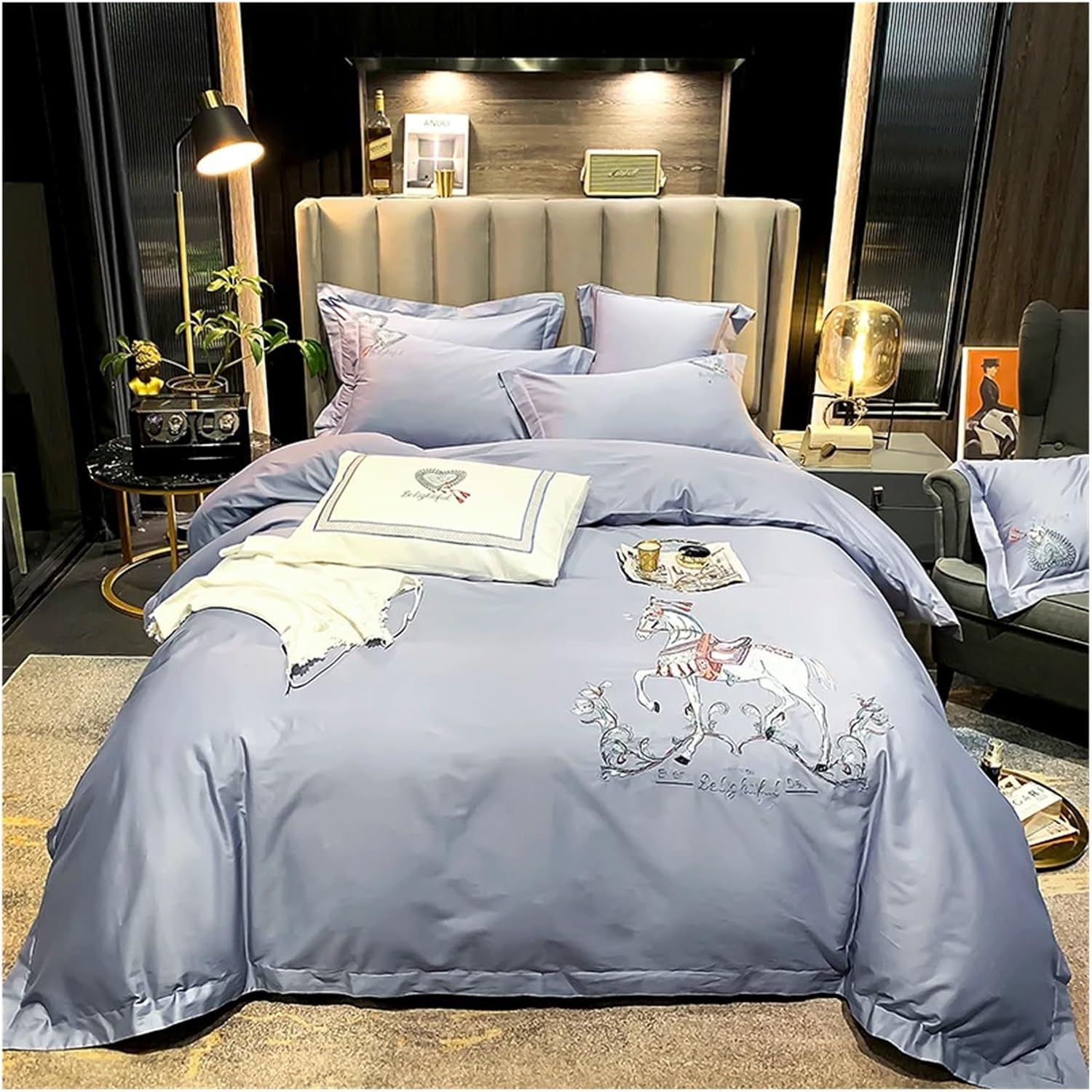 Luxury Embroidery Horse Bedding Set Egyptian Cotton Bed Linens Bed Sheet Set Bedclothes Queen/King Size Bed Cover 4pcs,Bed