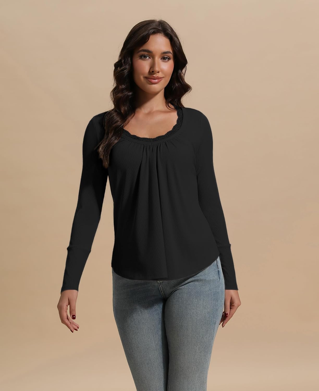 Susclude Lace Long Sleeve Shirts for Women V Neck T Shirt Casual Fall Comfy Pleated Basic Trendy Womens Tunic Tops 2025 - Image 6