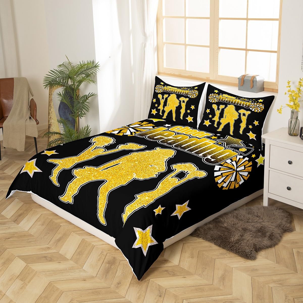Manfei Cheerleader Team Gymnastik Bettbezug Set S Größe,Cheerleader Bettwäsche Set,Kinder Mädchen Frauen Zimmer Dekor,Gold Glitter Sterne Mode Tröster Abdeckung Schwarz Soft Quilt Cover,1 Kissenbezug