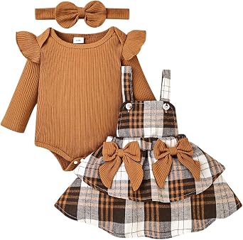 FOCUTEBB Baby Girl Clothes Fall Winter Outfit Long Sleeve Ruffle Romper Plaid Skirt Bow Headband 3 Pcs Set 0-18 Months