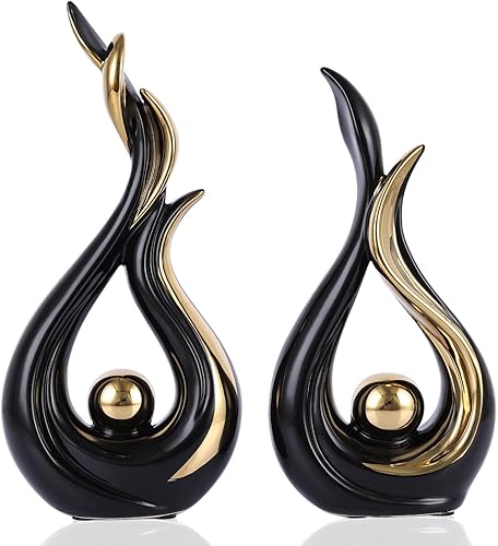 Decoración moderna para el hogar, arte abstracto, estatua de cerámica – Juego de 2 objetos de mesa de comedor, decoración de nudo dorado para mesa