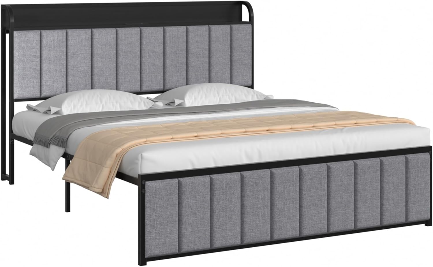 VECELO Queen Bed Frame, Storage Upholstered Headboard with Charging Station, Platform Bedframe, Heavy Duty Metal Slats, No Box Spring Needed, Noise-Free, Easy Assembly, Dark Grey