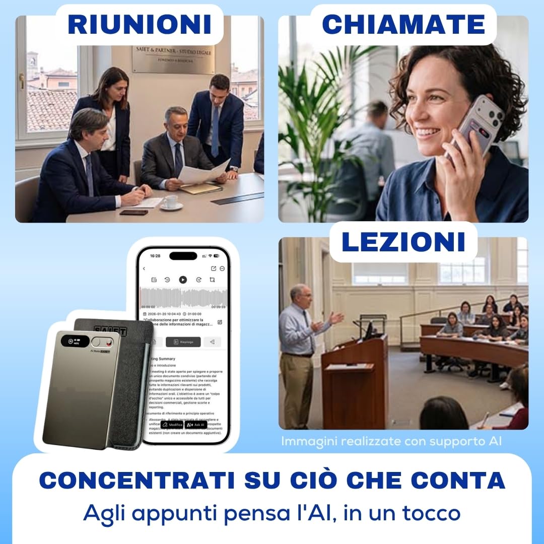SAIET AI Note Registratore Vocale Magnetico Trascrizione in 81 Lingue, 64GB | Registratore Audio Ultrasottile, Autonomia 35 ore, Compatibile iOS e Android, Converti Audio in Testo con App gratuita Doway