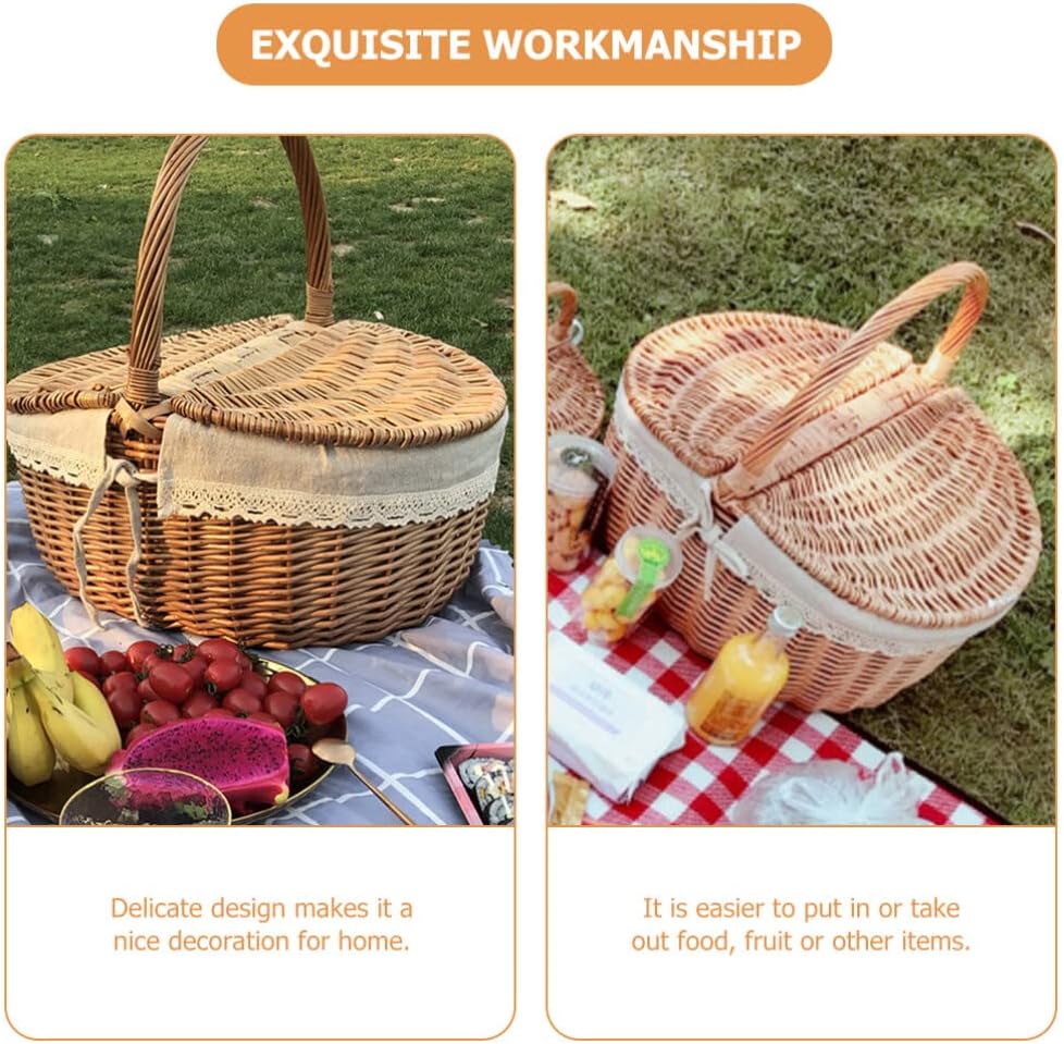 Wicker Picnic Basket with Lid Empty Picnic Basket with Liner Handle Outdoor Camping