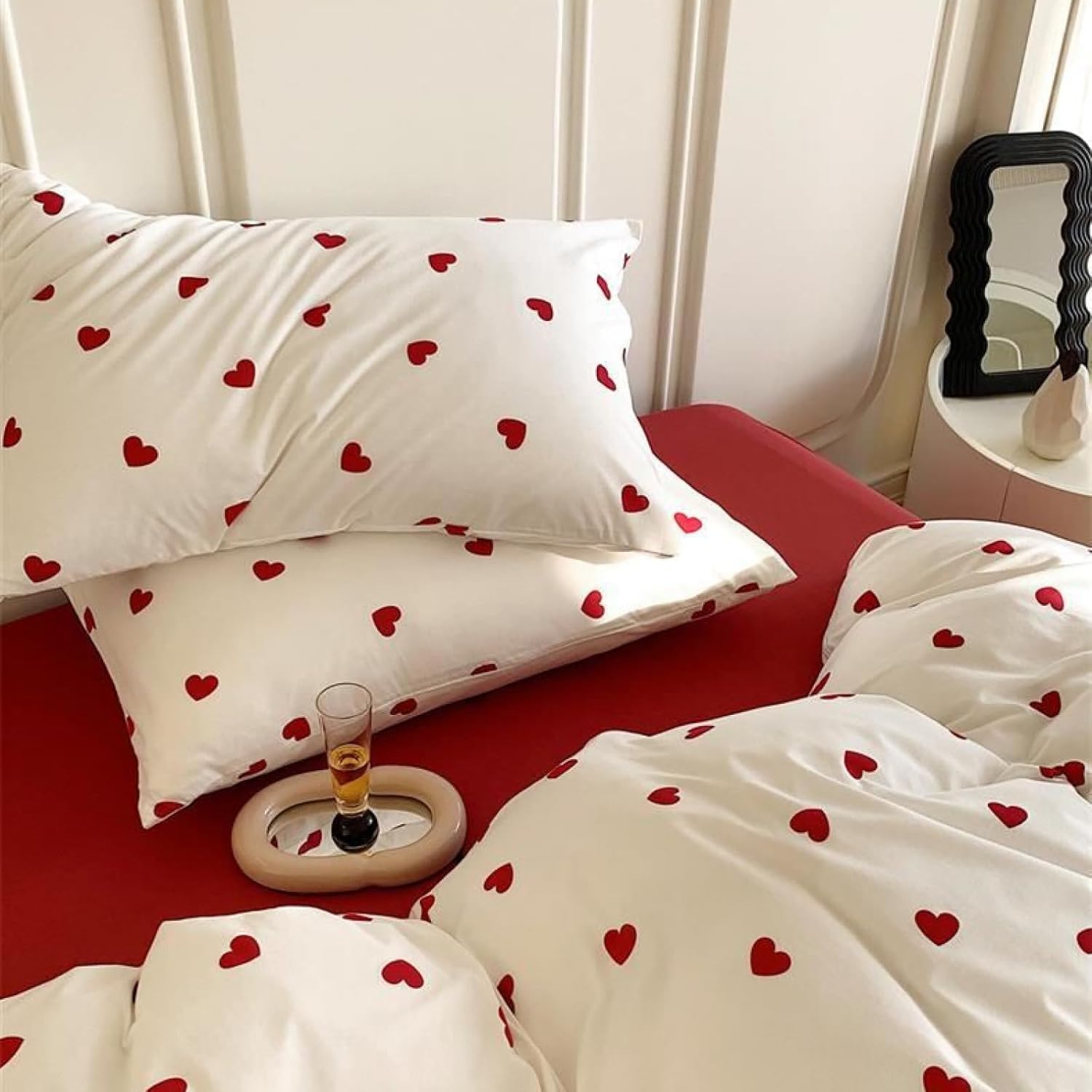 Red Duvet Cover Queen Size 3 Pieces White Red Heart Girls Bedding Set Romantic Love Comforter Cover 100% Microfibre Love Heart Duvet Cover with Zip and 2 Pillowcases