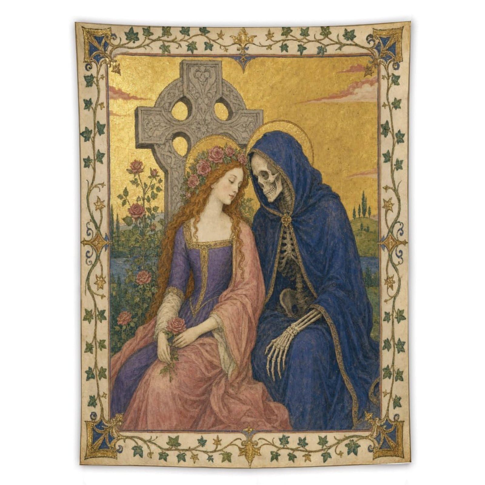 H3B8U2Y5 Woman and Skeleton Wall Tapestry, Fantasy Illustration Style