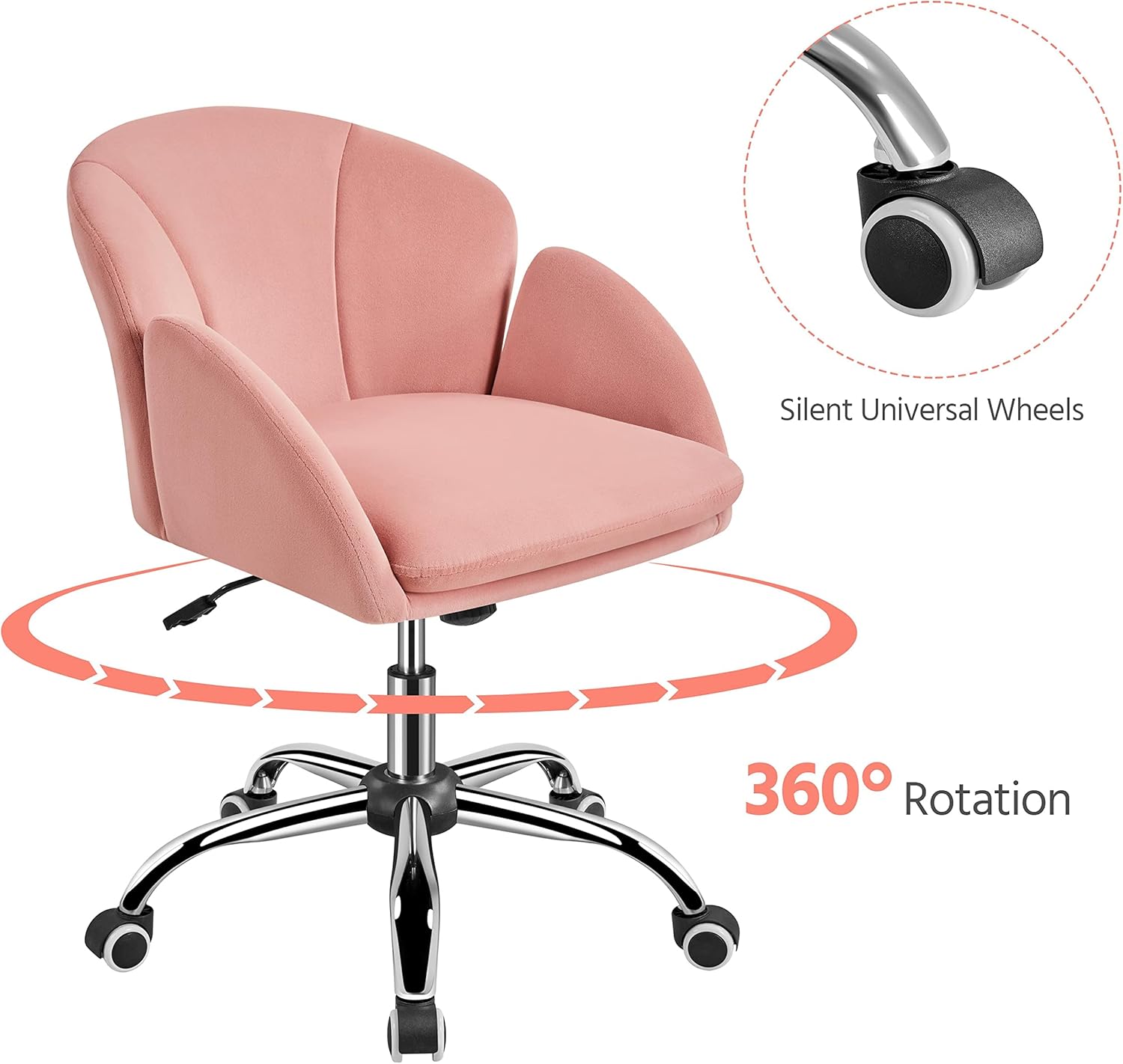 Topeakmart Cute Desk Chair for Home Office Makeup Vanity Chair with Armrests for Bedroom Modern Swivel Rolling Chair for Women Pink