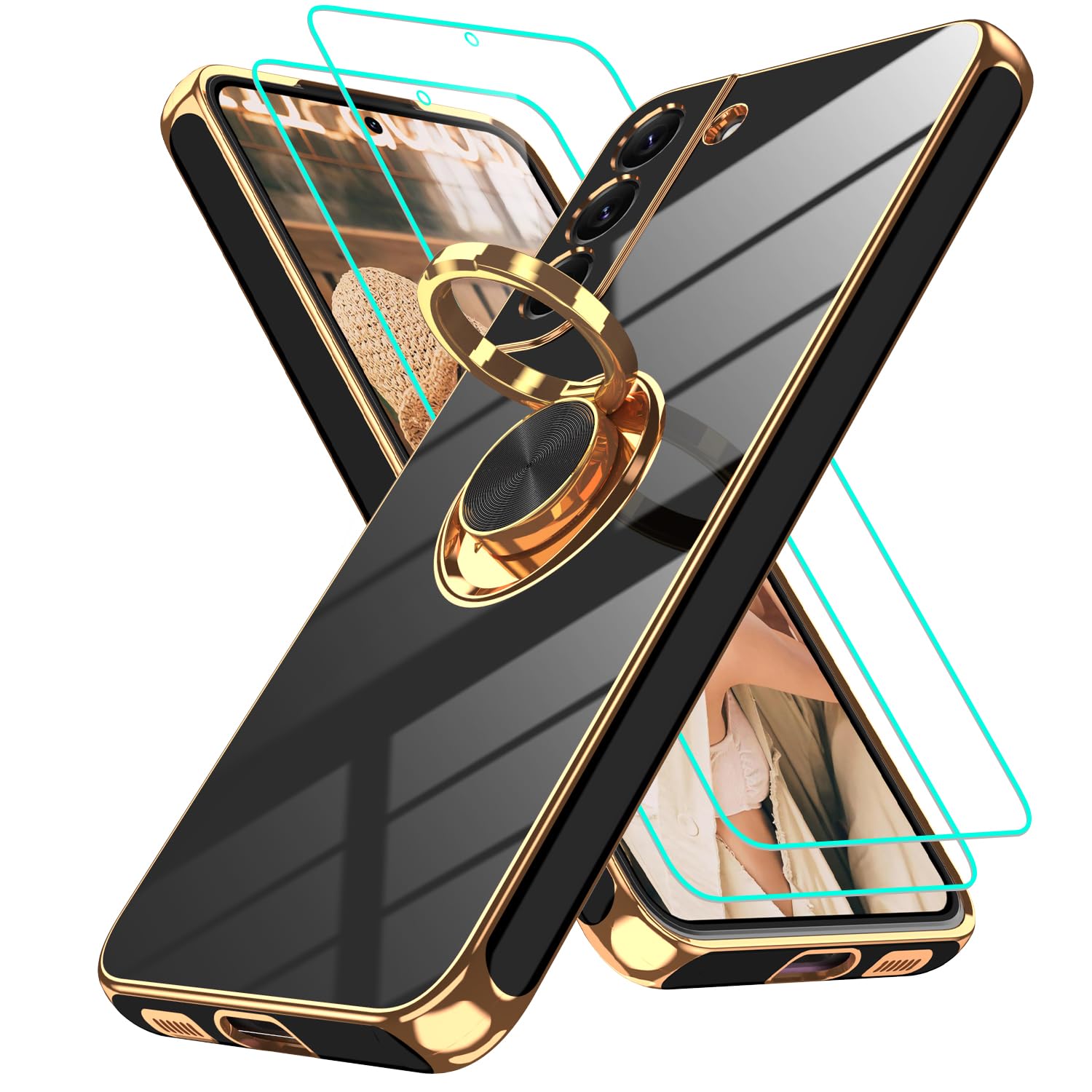 Gritup Slim Fit Case for Samsung Galaxy S Series,Shockproof Soft Cover with 2 Pcs HD Screen Protectors,and Built-in Ring Kickstand Phone Cover