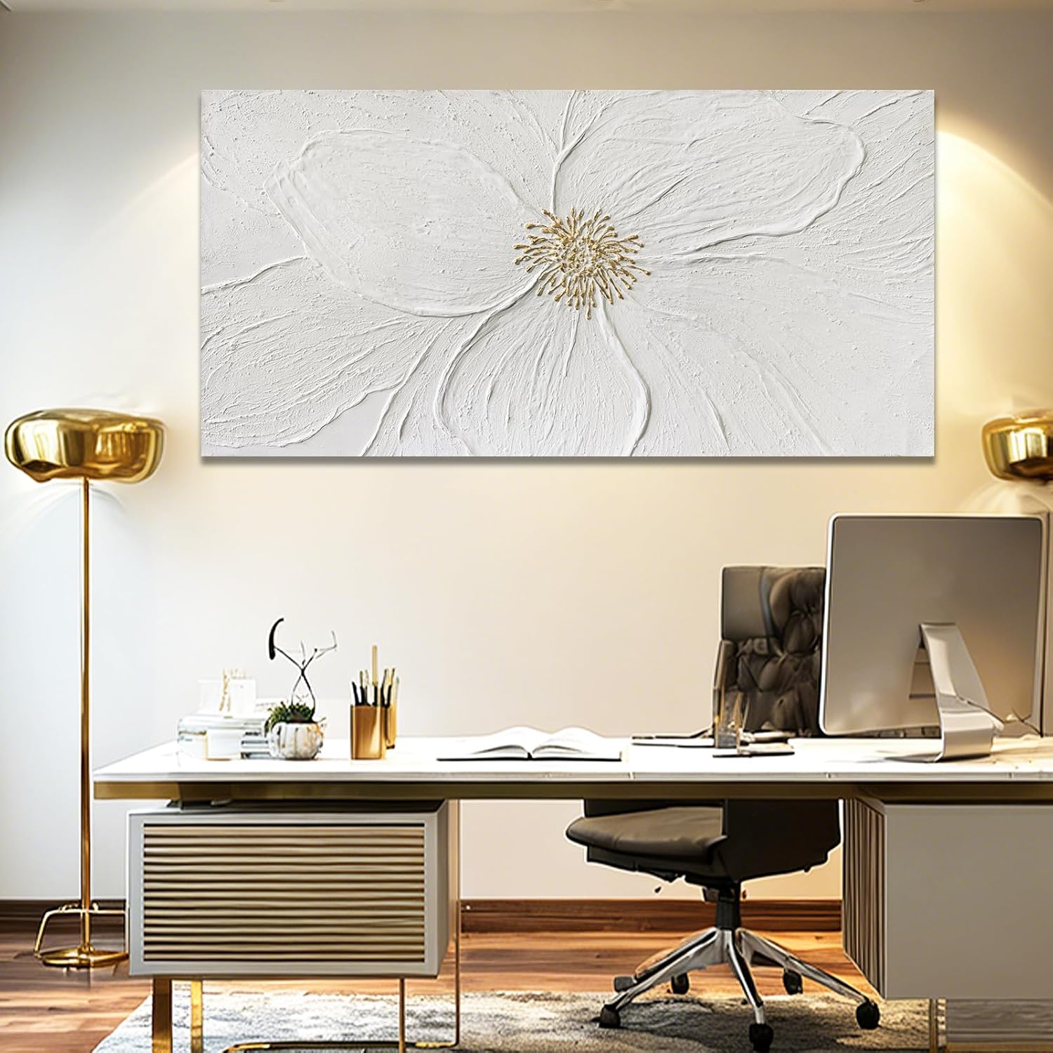 Elegant Floral Abstract Wall Art, Hand Painted Textured Canvas in Soft Ivory and Warm Neutral Tones with Subtle Gold Detail, Modern Wall Decor for Living Room or Bedroom, Ready to Hang, 24×48 Inch