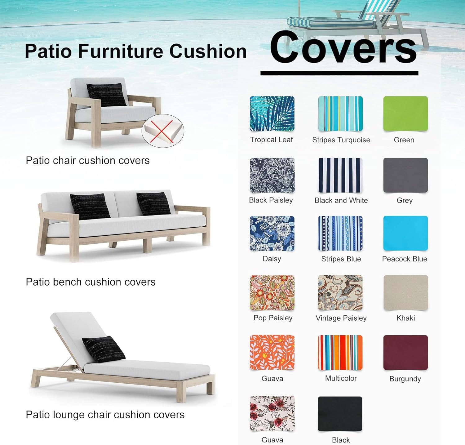 NettyPro Outdoor Bench/Loveseat Cushion Cover 48 x 18 x 3 Inch, Water Resistant UV Protection Patio Furniture Swing Cushion Slip Cover with Zipper, Replacement Cover Only