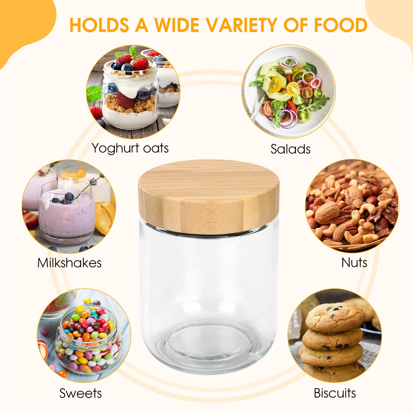500ml Barattoli di Vetro con Coperchio in Legno,4 Pezzi Vasetto di Avena per la Notte,Contenitore Vetro per Yogurt,Overnight Oats Jar Vasetti per Yogurt,Vasetti per Marmellata,Insalate,Frutta