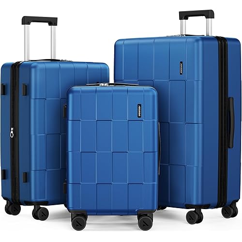 SHOWKOO Luggage Sets 3 Piece Hardside Expandable Lightweight PC Suitcase Sets with Double Spinner Wheels TSA Lock, Sea Blue