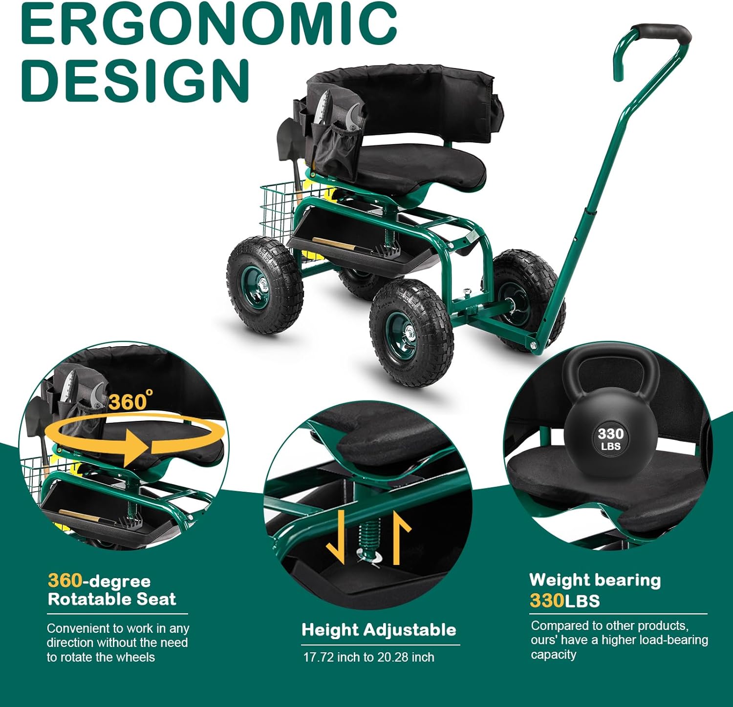 VINGLI Rolling Garden Stool with Seat and Extendable Handle, Gardeners Tool Seat with Wheels and Extra Storage, Gifts for People with Bad Knees (Green)