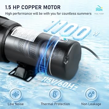VEVOR Swimming Pool Pump, 1.5 HP 115 V, 1100 W Single Speed Pumps for Above Ground Pool w/Strainer Basket, 5280 GPH Max. Flow, Certification of ETL for Security