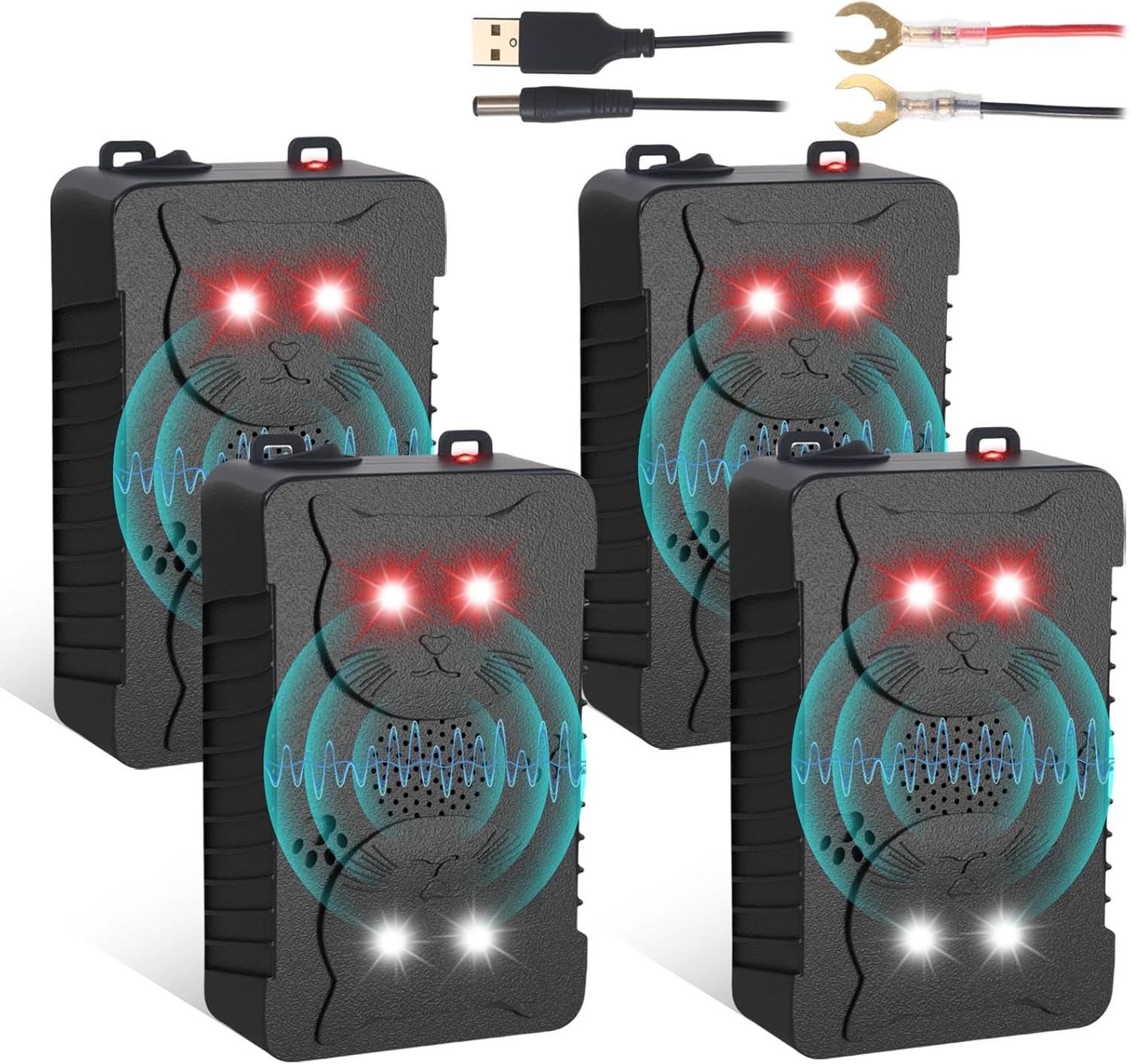 Rodent Repellent for Car Engines, 4 Packs Ultrasonic Mouse Repellent Under Hood, Rat Repeller with Battery Powered, Mouse Deterrent with Flashing Lights for Car, Keep Rodents Out of Car, Garage, Attic