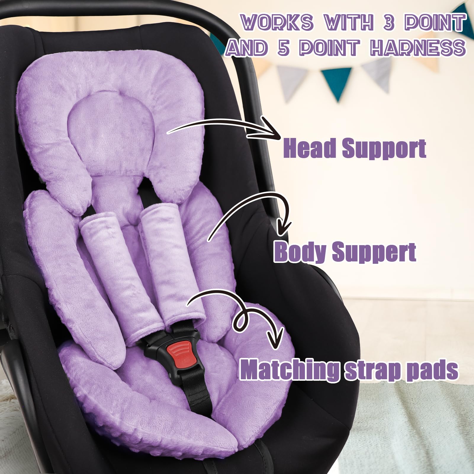 Inserto de asiento de coche para bebé, soporte para cabeza y cuerpo, inserto reversible para asiento de coche con almohadillas para orejas de correa, relleno de cojín suave para niños y niñas, se