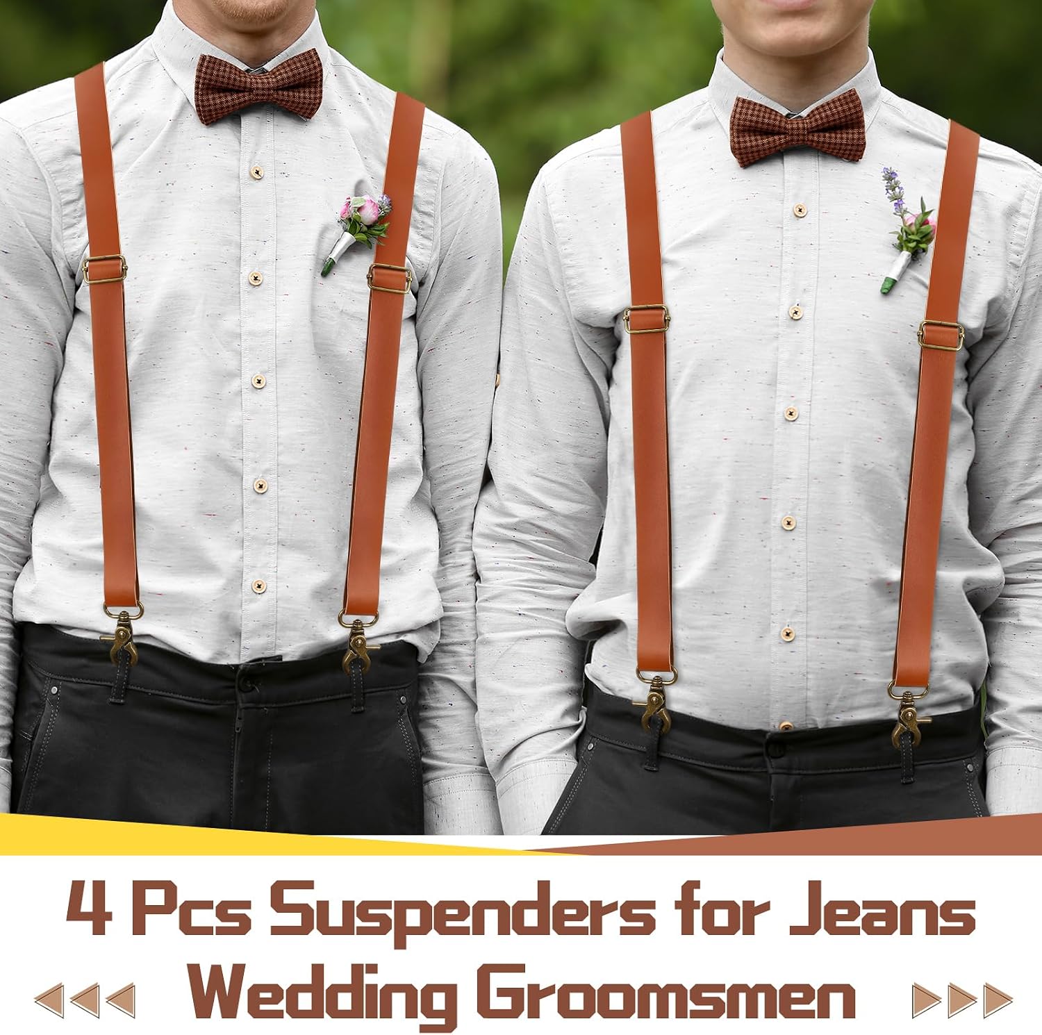 2 Pcs 4 Pcs Brown Suspenders for Men X-Back Leather Suspenders Adjustable Back Strap with Swivel Hooks for Wedding