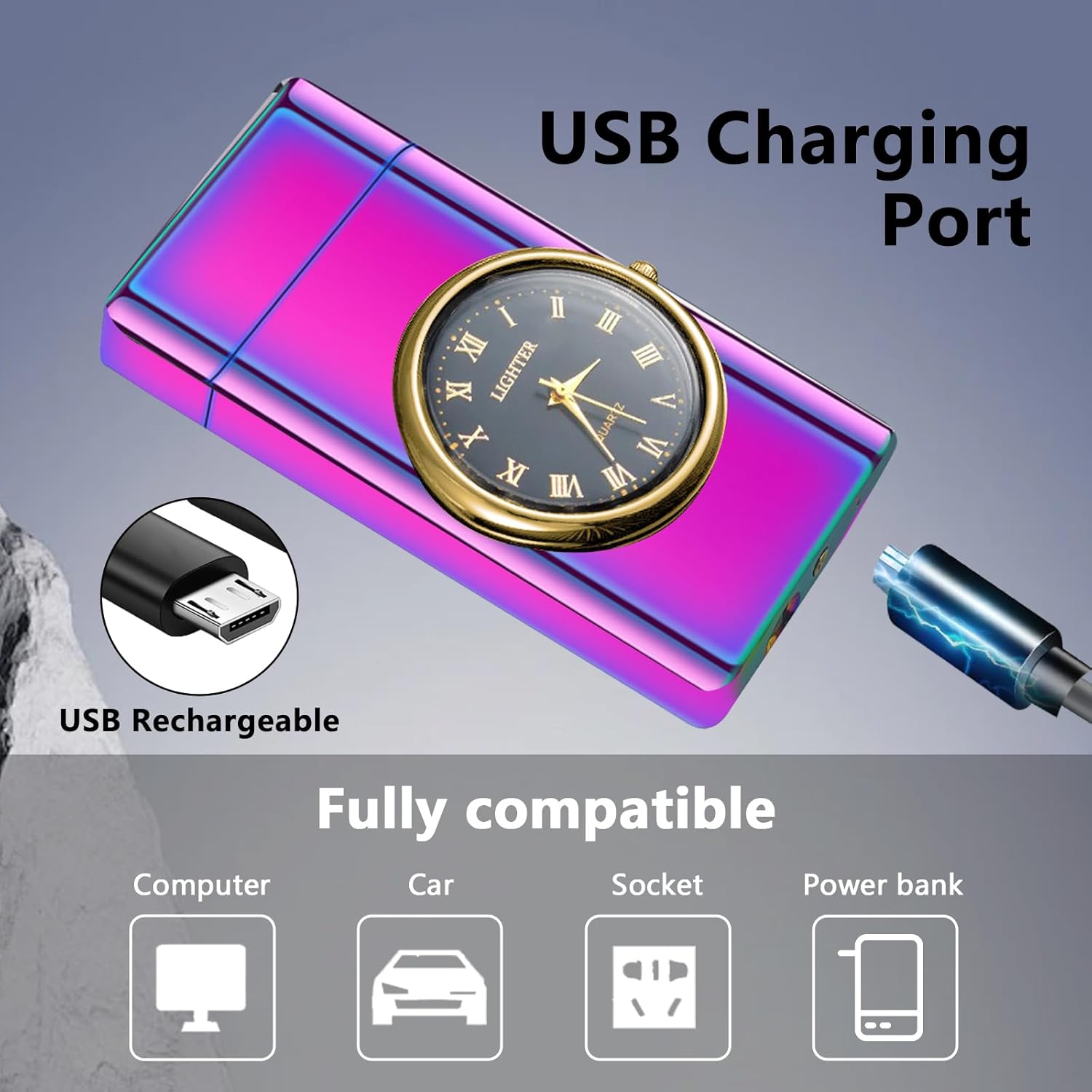 Windproof Dual Arc USB Rechargeable Clock Plasma Lighter with LED Display Lighter for Camping, Hiking, Candles, Barbecues and Outdoor Adventures（Color）