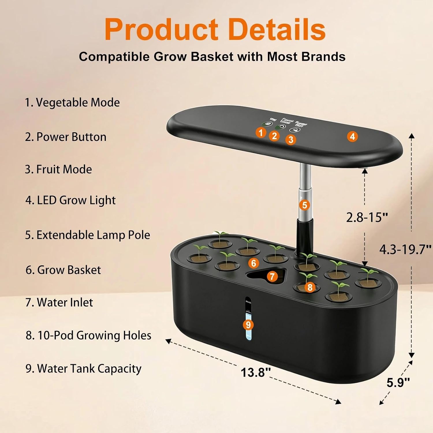 10 Pods Hydroponic Growing System Kit with LED Grow Light-Black