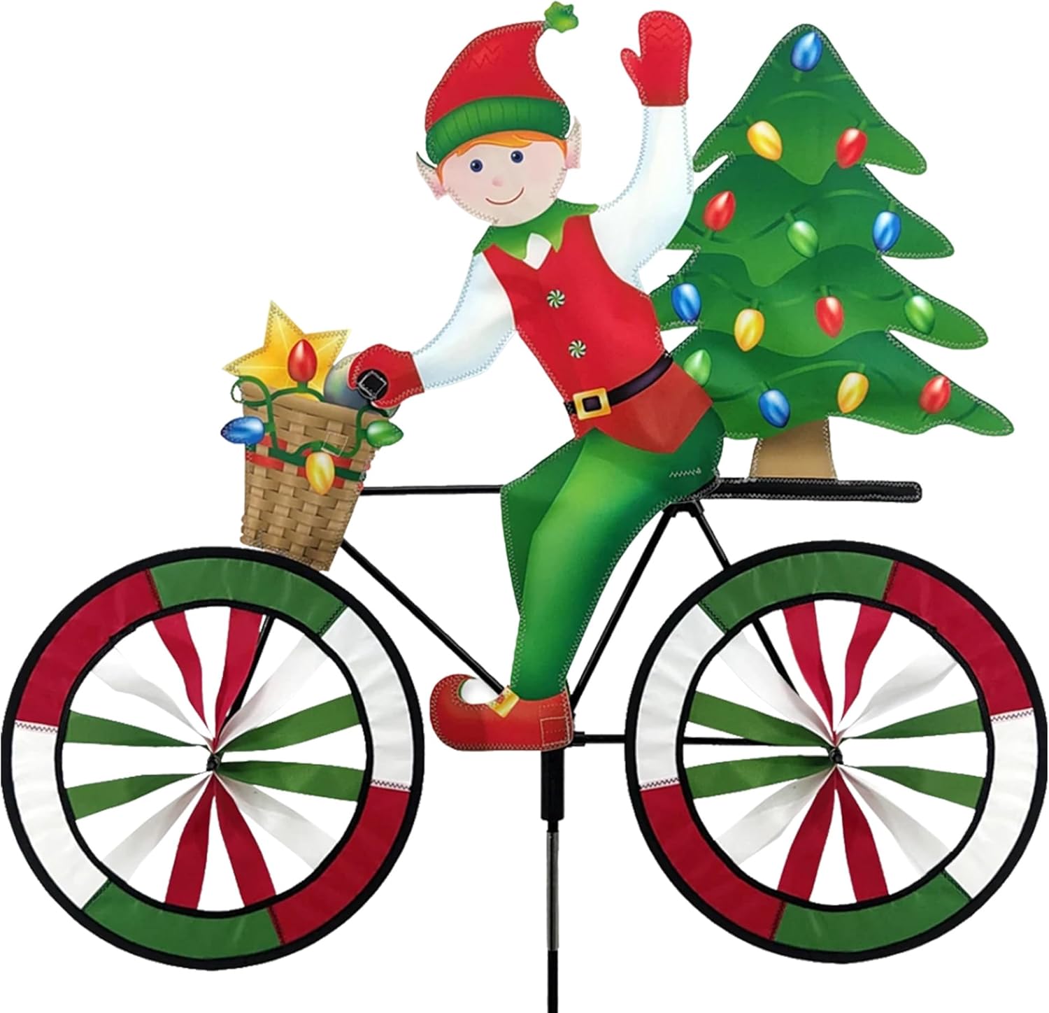 Bike Spinner Elf 30" – Whimsical Christmas Design, Weather-Resistant Outdoor Decor, Durable & Lightweight for Patios, Yards, and Gardens - Eye-Catching Wind Spinner with Rotating Wheels