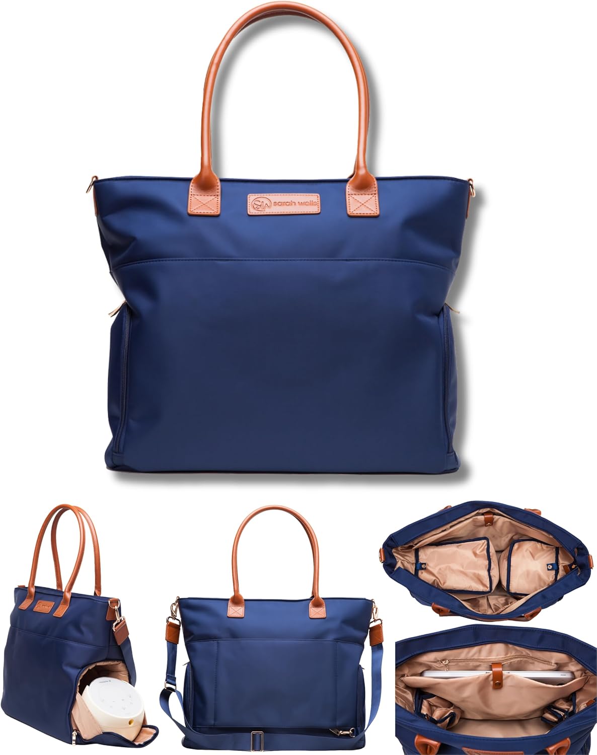 Abby Breast Pump Tote with Real Leather Straps – Stylish Pumping Bag with Insulated Pockets, Laptop Storage & Easy-Clean Interior – Professional Breast Pump Bag for Work & Travel (Navy)
