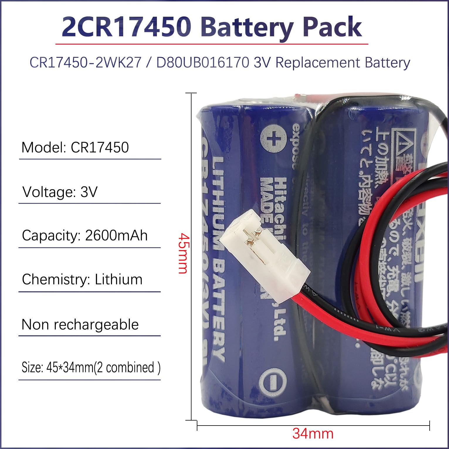 Lot de 2 piles Li-ion 2CR17450 3 V PLC 2600 mAh CR17450-2WK27 Mazak D80UB016170 CR17450 3 V