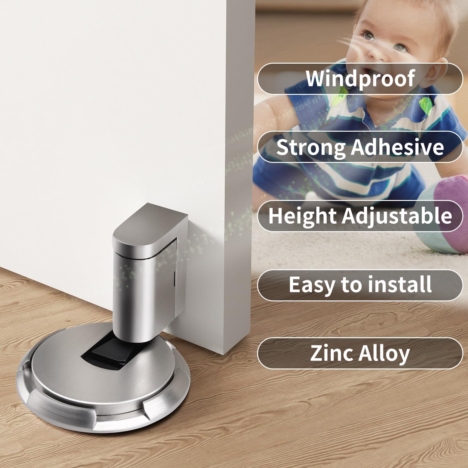 Mechanical Door Stop - Adjustable Height Door Stopper, Windproof/Removable, Indoor Heavy Duty Floor Door Stop Keeps Door Open, with Screws and Rubber Pads (2 pcs, Silver)