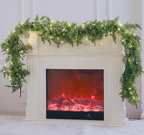 Miniatura 12 de MISSPIN Guirnalda de Navidad de 9 pies con tira de luces, guirnalda de pino de cedro de tacto real, guirnalda verde artificial para mesa, manto,