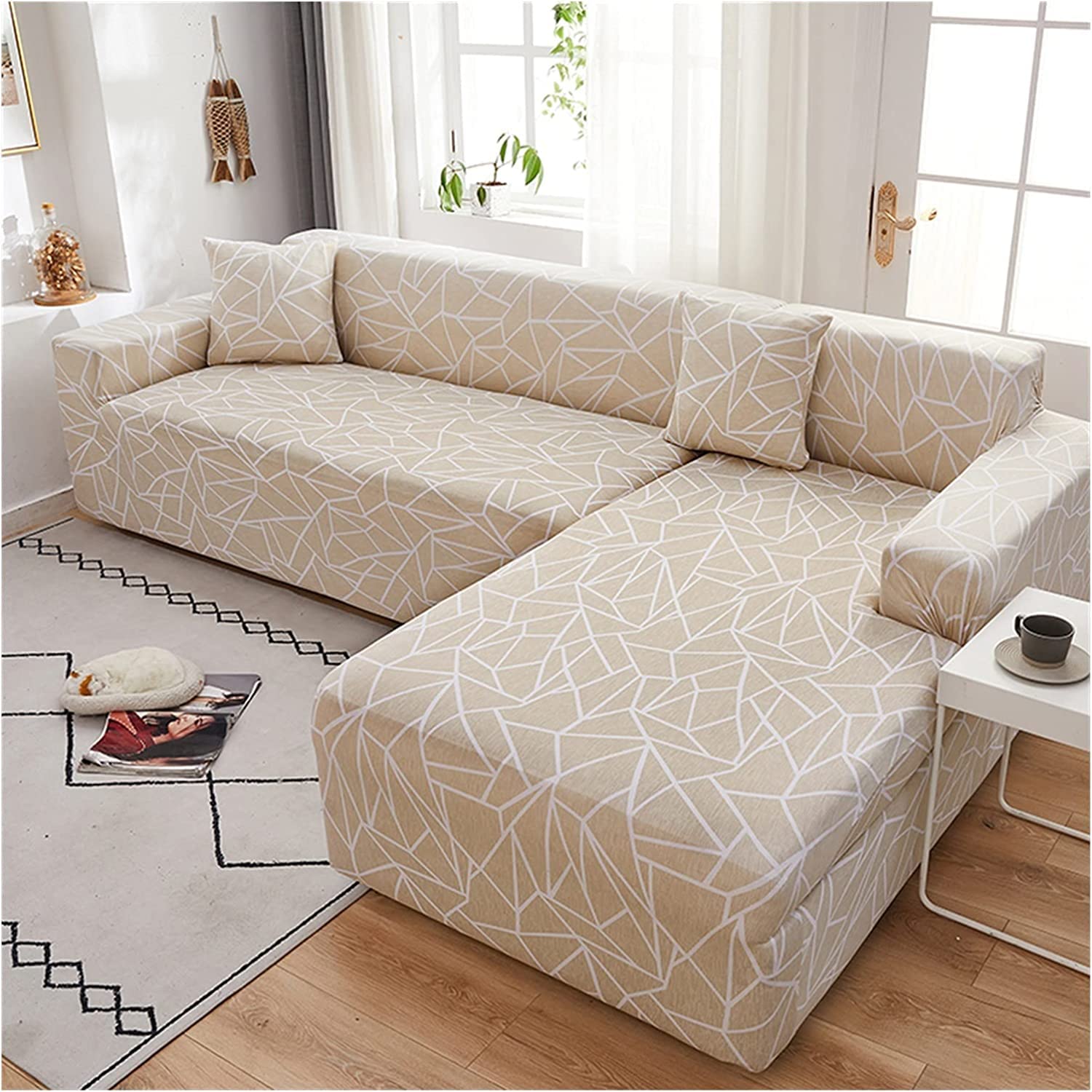 Copridivano con Penisola a Sinistra/Destra Sofa Cover 2/3/4 posti Copertura Divano Angolare Elasticizzato a Forma di L 2-Pezzi Universale Chaise Longue Cover con 2 federe