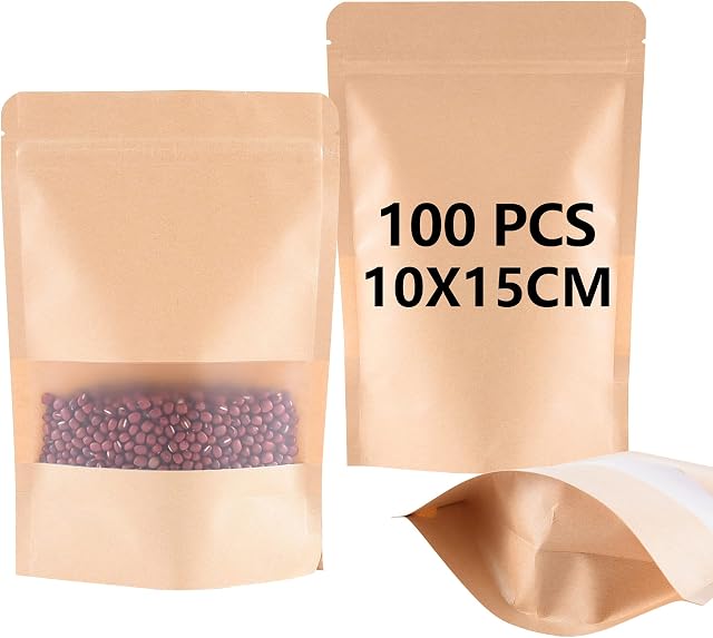 BaoWnylz 100pcs Kraft Paper Bag with Window(10x15x3.5cm), Resealable Stand up Pouch, Waterproof and Moisture-Proof, Reusable, Suitable for Dried Fruit Coffee Tea Seeds