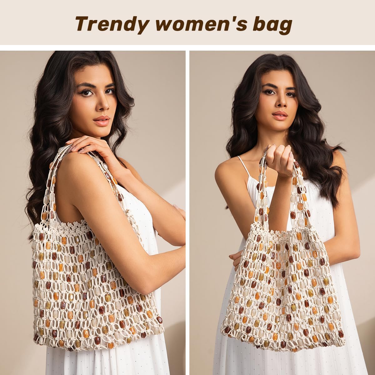 Boho Crochet Shoulder Bag for Women, Colorful Beaded Beach Tote Handbag Lightweight Summer Knit Hobo Purse &Travel Organizer (Style 1) - Image 2