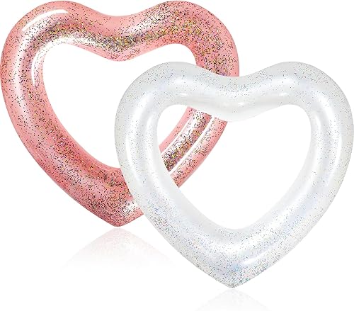Miniatura 8 de 2 anillos de natación inflables con forma de corazón, 47.3 x 39.4 pulgadas, para despedida de soltera, flotador, tumbonas, tubo en forma de corazón,